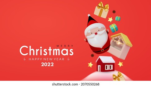 Merry Christmas and Happy New 2022 Year celebration with 3D Santa Claus character, cute house, little Christmas shop, market stall, gift boxes and stars.