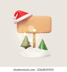 Merry Christmas and Happy New 2024 Year design template with Santa Claus hat, signboard, square banner and fir trees. Happy holidays. Special offer
