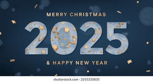 Merry Christmas and Happy New 2025 Year design. 3D realistic gold metallic confetti decoration inside numbers. Holiday dark blue vector background