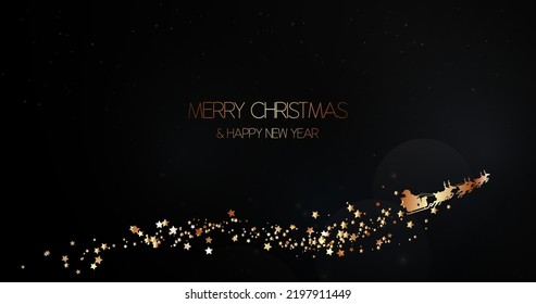 Merry Christmas and Happy New background. Reindeers and Santa with Santas sled on dark background. Vector illustration