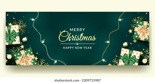 merry christmas and happy new banner design with realistic green decoration