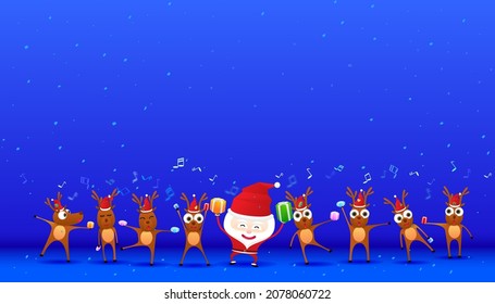 Merry Christmas and Happy New with cute Santa Claus and reindeer cartoon character on blue background. Vector illustration of winter holiday xmas banner, poster, greeting card