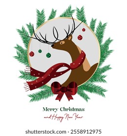 Merry Christmas and Happy New santas reindeer decoration with pine branch frame background	