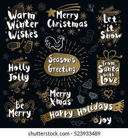 Merry Christmas. Happy New in sketch style. Christmas lettering, calligraphy. Blackboard, doodles, christmas tree, candy, firecracker, fireworks. Hand drawn vector illustration.