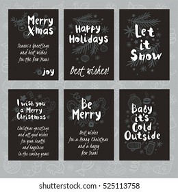 Merry Christmas. Happy New in sketch style. Christmas lettering, calligraphy. Blackboard, chalk, doodles, christmas tree, candy, firecracker, fireworks. Hand drawn vector illustration.