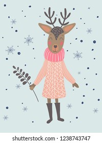 Merry Christmas and Happy New Yeah hand drawn greeting card with cute cartoon deer and snowfall. Vector illustration for winter holidays 