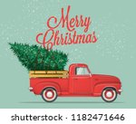 Merry Christmas and Happy New Year Postcard or Poster or Flyer template with retro pickup truck with christmas tree. Vintage styled vector illustration.