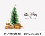 Merry Christmas and Happy New Year. Xmas presents under the Christmas tree. Decorative Pine spruce tree. Realistic brown and white gift boxes. Festive background Greeting card, banner, poster.