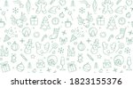 Merry Christmas Happy New Year seamless background pattern. Vector illustration doodles, thin line art sketch icons style concept