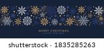 Merry Christmas and Happy New Year festive design with border made of beautiful snoflakes in modern line art style. Winter dark blue background with falling snow. Xmas decoration. Vector illustration.