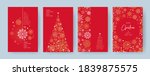Merry Christmas and Happy New Year Set of greeting cards, posters, holiday covers. Xmas Design with beautiful snowflakes in modern line art style on red background. Christmas tree, border frame, decor