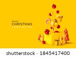 Merry Christmas and Happy New Year. Xmas design realistic abstract 3d objects. Gift box, bright bauble balls hanging from ribbon, conical pine tree, spruce, Soft yellow-red colors. vector illustration