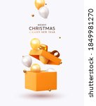 Merry Christmas and Happy New Year. Xmas design realistic gifts box, falling helium balloons, 3d golden chocolate candies. Holiday gift background. Poster, banner, brochure, flyer. vector illustration