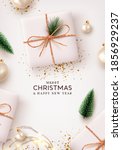 Merry Christmas and Happy New Year. Xmas Background design lights garland, realistic gifts box, white balls and glitter gold confetti. Christmas poster, holiday banner, lush green tree and pine.