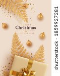 Merry Christmas and Happy New Year. Xmas background design realistic gifts box, golden fern branches, bauble ball. Christmas poster, holiday banner, flyer, stylish brochure, greeting card.