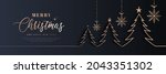 Merry christmas and happy new year banner. Dark horizontal template creative design with luxury golden line christmas tree, snowflake decoration, stars. Suit for poster, flyer, cover, banner, brochure