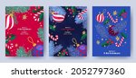 Merry Christmas and Happy New Year Set of greeting cards, posters, holiday covers. Modern Xmas design in blue, green, red, yellow and white colors. Christmas tree, balls, fir branches, gifts elements
