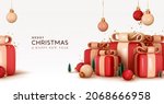 Merry Christmas and Happy New Year background. Pile of red gift boxes with beige bow, handing decorative balls bauble, green pine trees. Holiday banner, web poster, greeting card. vector illustration