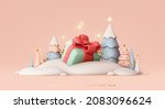 Merry Christmas and Happy New Year festive 3d composition with realistic Christmas trees, gifts box in snow drift, golden confetti. Xmas background winter nature, Holiday design. Vector illustration