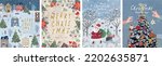Merry Christmas and Happy New Year. Vector illustrations of Santa Claus, winter forest, city street, frame and Christmas tree decoration for postcard, card or invitation