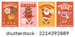 Merry Christmas and Happy New year. Santa Claus, reindeer, cocoa, gift in trendy retro cartoon style. Greeting cards, template, posters, prints, party invitations and backgrounds. Red and pink colors.