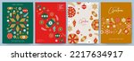 Merry Christmas and Happy New Year Set of greeting cards, posters, holiday covers. Modern Xmas design with geometric pattern in green, red, gold, white colors. Christmas tree, balls, stars, snowflakes