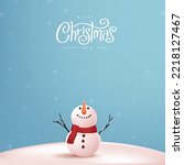 Merry christmas and happy new year greeting card with copy-space and Cute snowman standing in winter christmas landscape snow falling