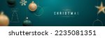 Merry Christmas and Happy New Year festive background. Realistic hanging green and golden Christmas balls. Xmas vector banner, social networks, web header.