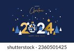 Merry Christmas and Happy New Year banner, greeting card, poster, holiday cover. Modern Xmas design in geometric style with triangle pattern, Christmas tree, ball, snow and 2024 number on night blue 