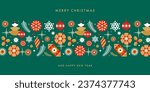 Merry Christmas and Happy New Year greeting card, poster, holiday cover. Modern Xmas border design with geometric pattern in red, gold, white colors on green. Christmas tree, balls, stars, snowflakes
