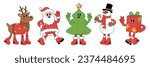 Merry Christmas and Happy New year characters. Santa Claus Christmas tree snowman reindeer gift box in trendy groovy retro cartoon style. Sticker pack of comic characters.