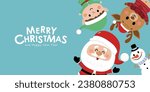 Merry Christmas and happy new year greeting card with cute Santa Claus, little elf, snowman and deer. Holiday cartoon character in winter season. -Vector