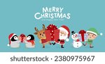 Merry Christmas and happy new year greeting card with cute Santa Claus, little elf, snowman, deer and penguins. Holiday cartoon character in winter season. -Vector