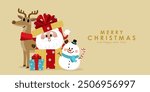 Merry Christmas and happy new year with Santa Claus, snowman and deer. Holiday cartoon character in winter season. -Vector