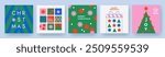 Merry Christmas and Happy New Year Set of greeting card, poster, holiday cover. Modern Xmas design in simple geometric style in green, red, pink and blue colors for ads, sales, print, season greetings
