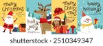 Merry Christmas and happy new year with Santa Claus, deer and dog. Holiday cartoon character in winter season. -Vector