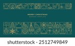 Merry Christmas Happy New Year greeting banner with gold line geometric icons. Luxury xmas design, poster template, background.