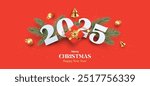 Merry Christmas and Happy New Year realistic 3d design for card, poster, banner, website header with numbers 2025, gift box, golden conical Christmas trees, balls and spruce branches on red background