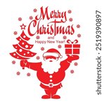 Merry christmas and a happy new year! Greetings from Santa holding сhristmas tree and gift box. Vector on transparent background