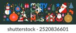 Merry Christmas and Happy New Year! 2025. Vector modern geometric abstract illustration of Santa Claus, christmas tree, fir tree toys and balls, snowman, gift for greeting card, for congratulation