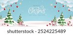 Merry christmas and happy new year greeting card with snow product display cylindrical shape copy-space and Cute snowman standing in winter christmas landscape snow falling