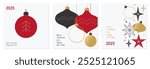 Merry Christmas and Happy New Year cards set. Vector illustration concepts for corporate greeting card, party invitation, website banner, social media banner. Red, gold, black colors. Minimalism style