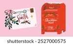 Merry Christmas and Happy New Year poster. Vector flat letter mail for Santa. Christmas envelope with stamps, seals and inscriptions to Santa Claus. Special Delivery. Festive xmas mail