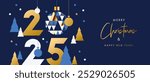 Merry Christmas and Happy New Year banner, greeting card, poster, holiday cover. Modern Xmas design in geometric style with triangle pattern, Christmas tree, ball, snow and 2025 number on night blue 