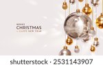 Merry Christmas and Happy New Year background. Realistic 3d disco ball silver glitter mirrors, hang on ribbon golden and silver Christmas ornaments. Vector illustration