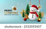 Merry Christmas and Happy New Year Winter Scene with Snowman,Santa hat ,Christmas Tree,Golden snow flakes and Golden Decorations on Blue Background.Christmas Promotion Poster or banner template