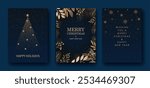 Merry Christmas and Happy New Year. Greeting card or invitation template with golden Christmas tree on blue background.