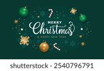 Merry Christmas and happy new year on green background. Christmas letters, Gift boxes, Christmas balls. Christmas element for web, banners, greeting card, template design. Vector EPS10.