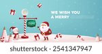 Merry christmas and happy new year greeting card with cute funny Santa Claus and Cute snowman standing in north pole winter christmas landscape snow falling