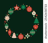 Merry Christmas and Happy New Year round frame with Christmas tree decorations of different shapes. Holiday circle wreath in red, green and beige colors on black background. Festive template